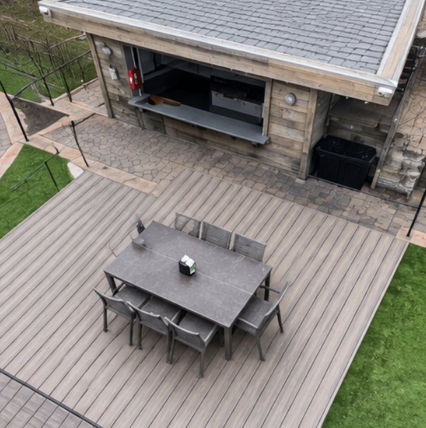 Aerial view of the outdoor deck dining table beside the bar window