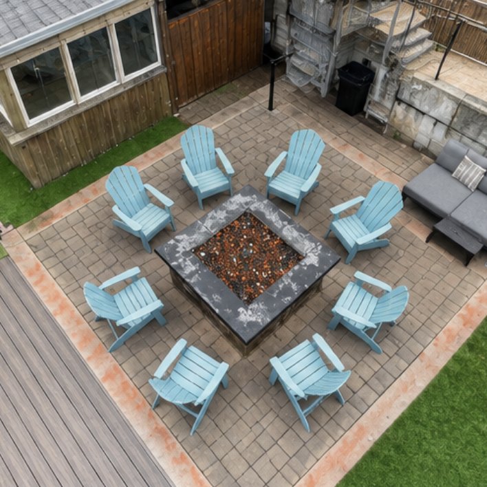 Aerial view of the fire pit lounge with Adirondack chairs and sofa seating