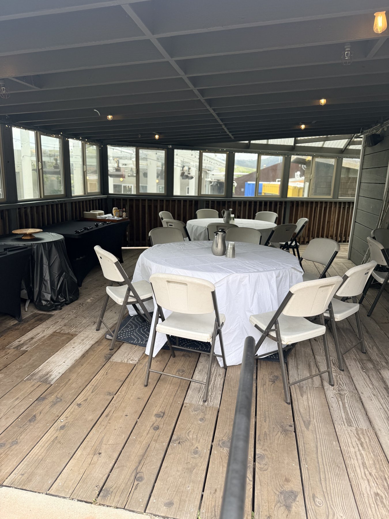 Covered patio with round banquet tables